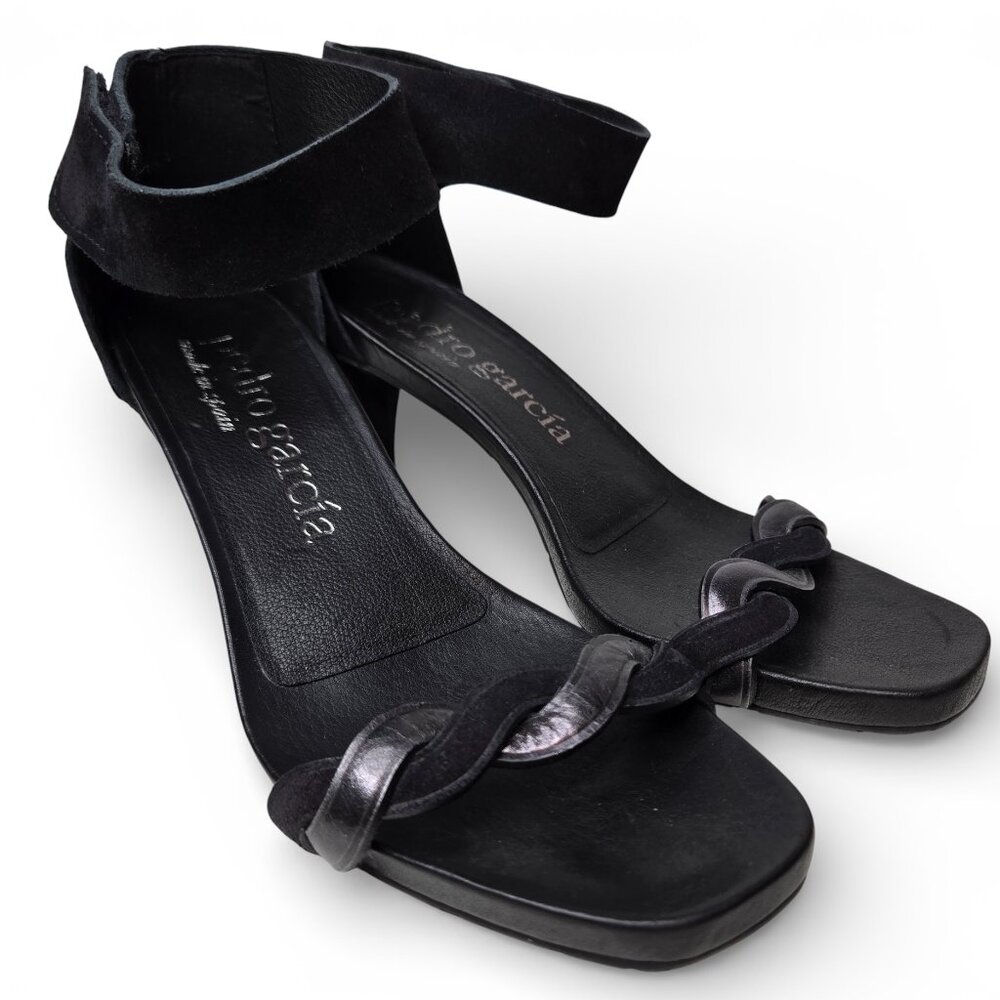 Pedro Garcia Black Suede Twisted Strap Kitten Heels Women Ankle Wrap Evening